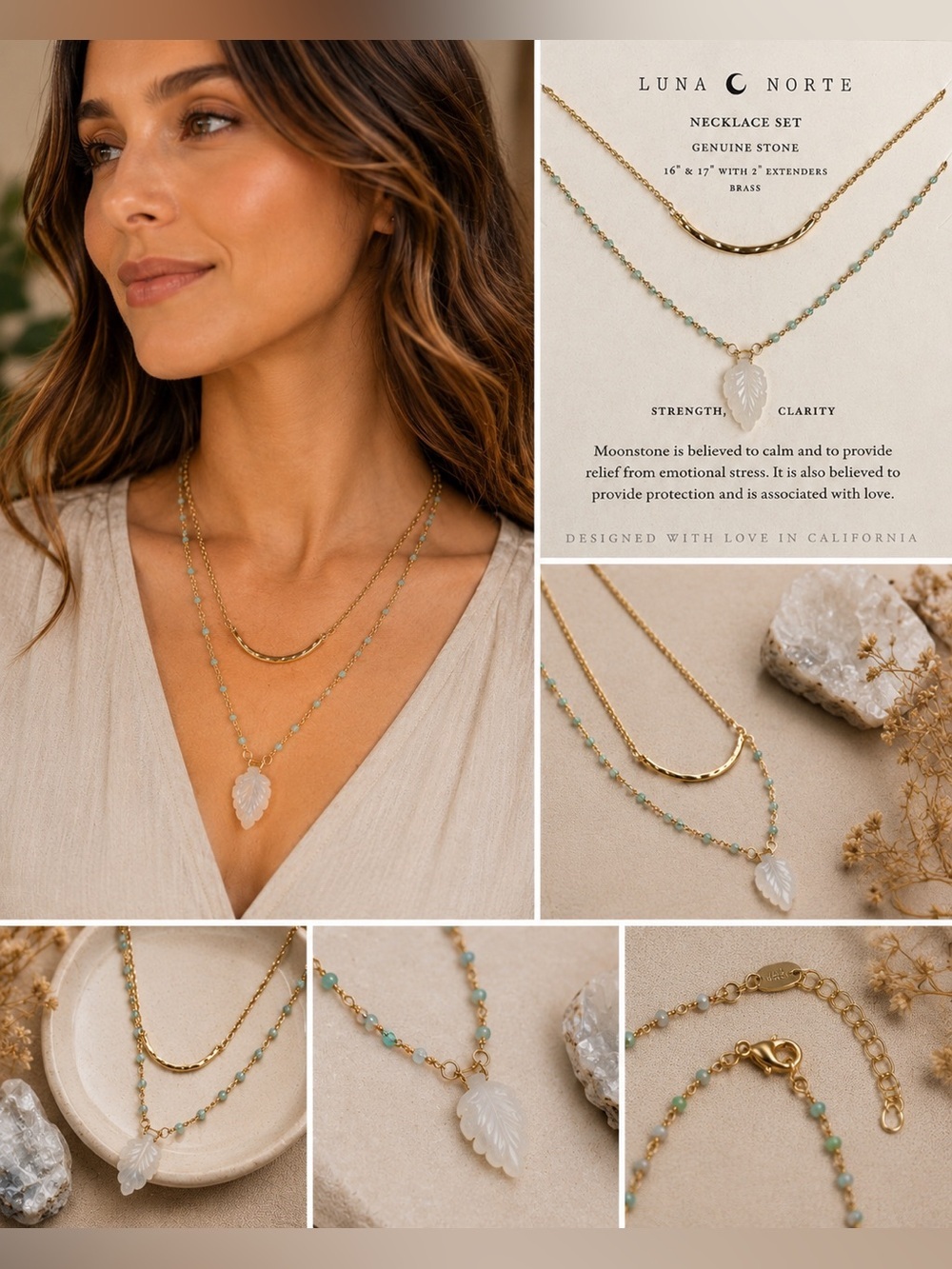 Luna Norte Moonstone Layered Necklace Set | Genuine Gemstone Brass Jewelry